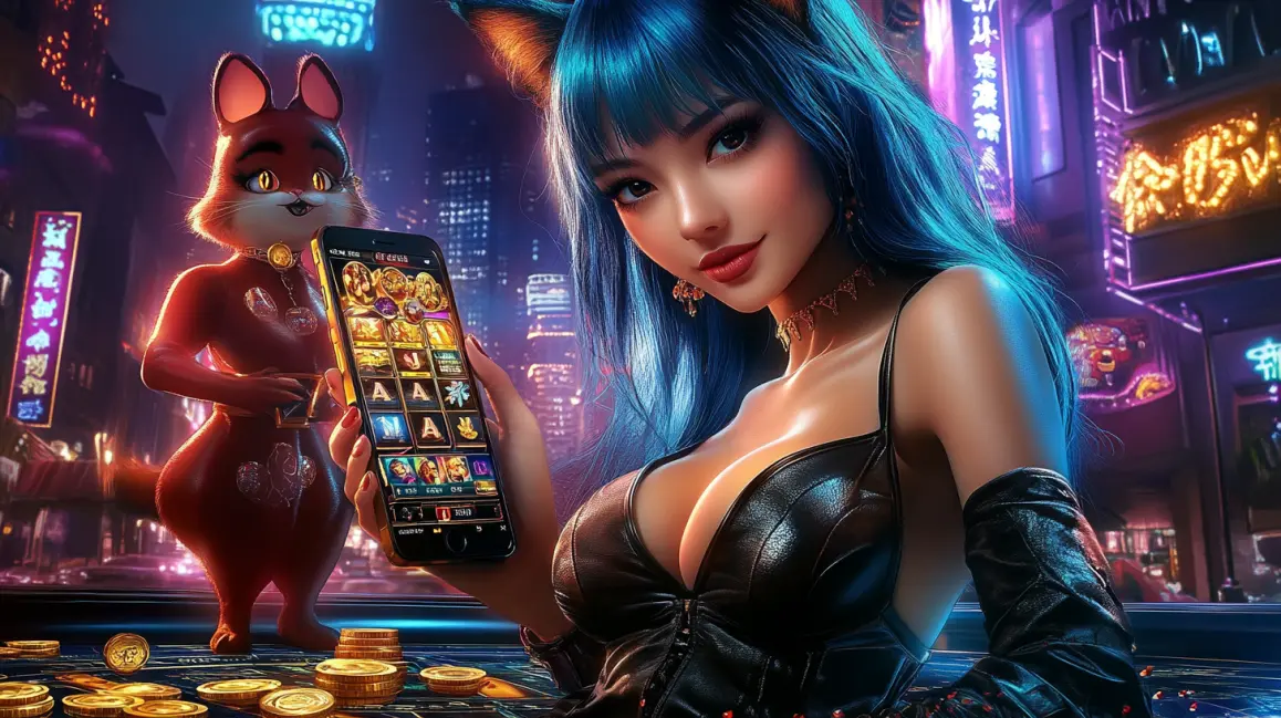 A woman with blue hair and cat ears holds a phone showing a slot game, next to a cartoon fox in a neon-lit city, highlighting the fun, fantasy-themed games at WINXBDT.