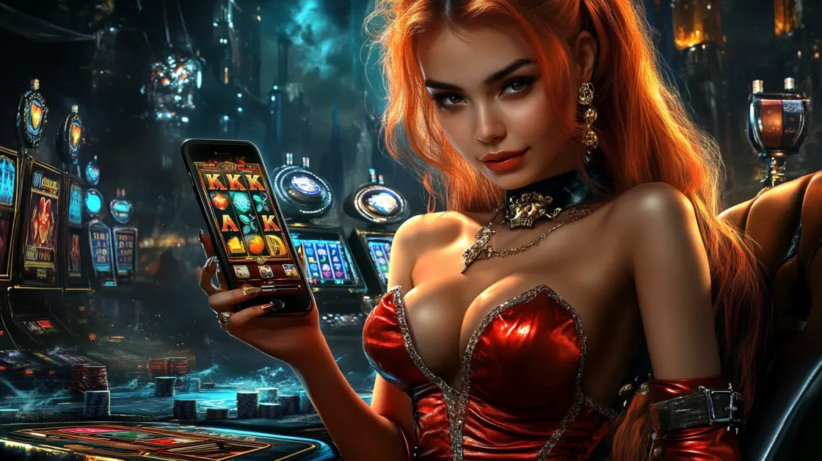 A woman with fiery red hair holds a phone with a colorful slot game, surrounded by the luxe atmosphere of the WINXBDT casino, where hot jackpots are always waiting.