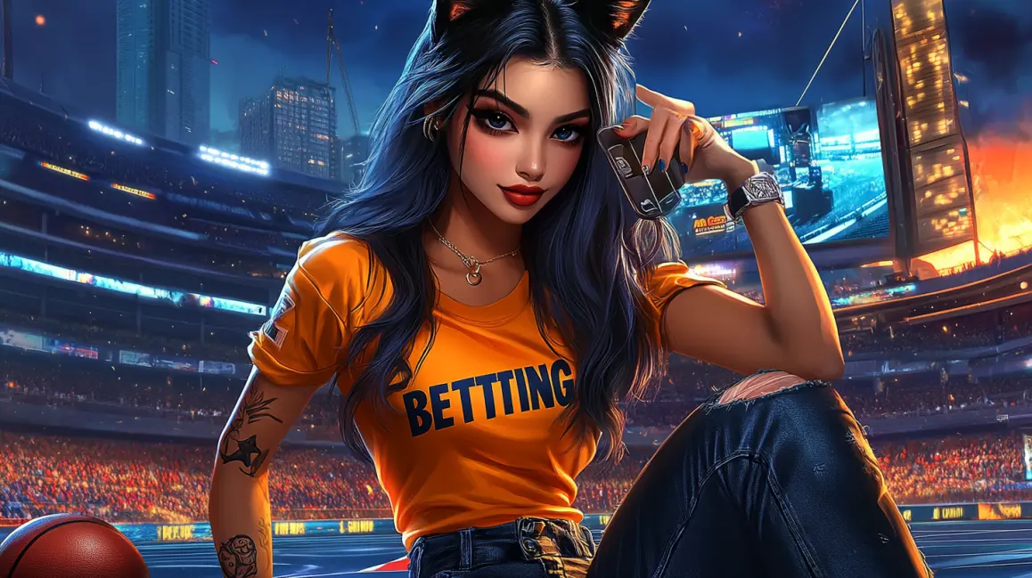 A trendy woman with cat ears and a 'BETTING' t-shirt uses her phone in a stadium, ready to place her bets and win big on her favorite teams with the WINXBDT app.