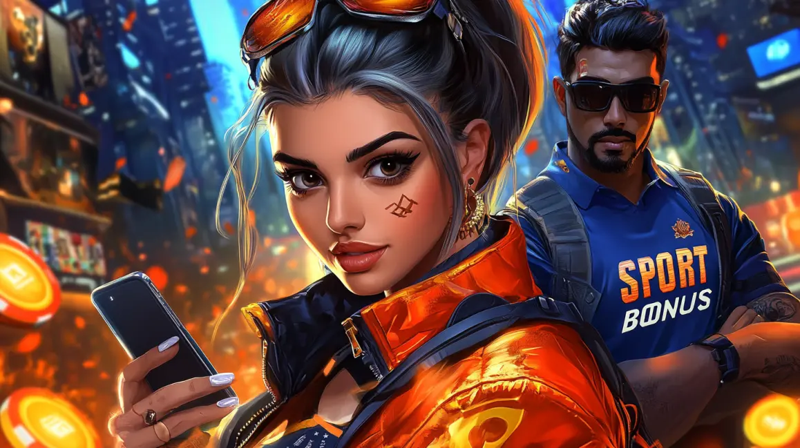 A stylish woman in an orange jacket uses her phone while a man in a 'SPORT BONUS' polo stands by, highlighting the generous sports betting bonuses you can claim at WINXBDT.