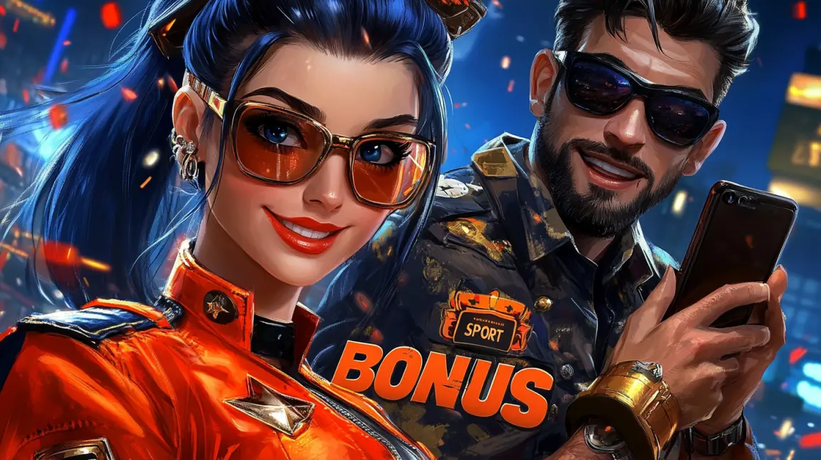 A cool couple in orange sports gear is ready to claim a 'BONUS' on the WINXBDT app, showcasing the exciting promotions available for both new and existing players.