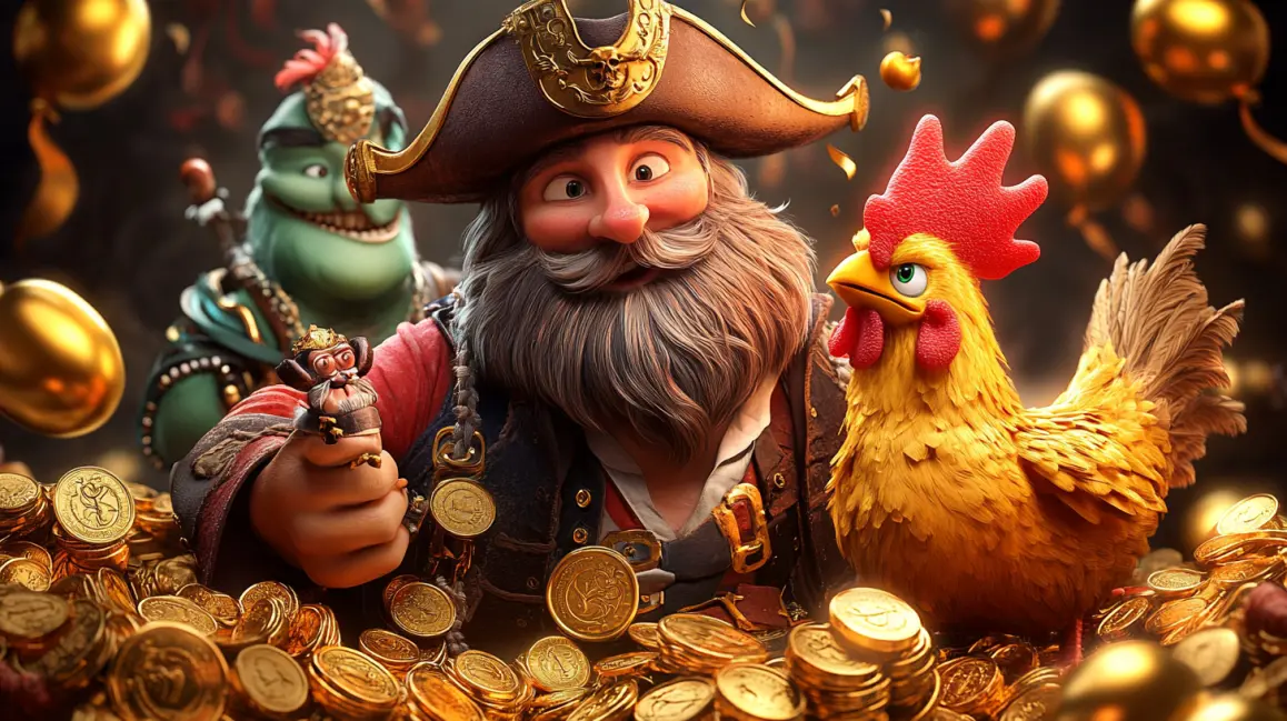 A cheerful pirate and his rooster companion are surrounded by a massive pile of gold coins, representing the fun themes and huge treasures you can find in slots at WINXBDT.