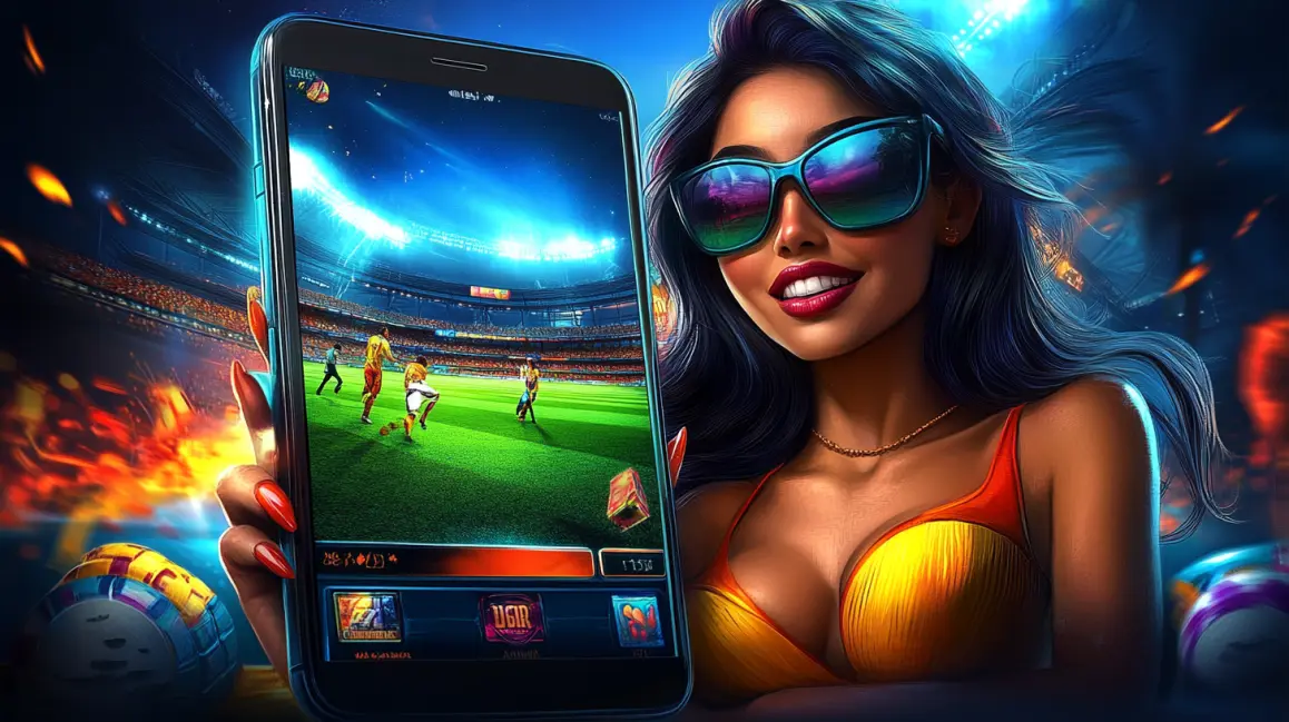 A stylish woman in sunglasses holds up a phone showing a live soccer match, inviting you to experience the thrill of in-play betting with the user-friendly WINXBDT app.