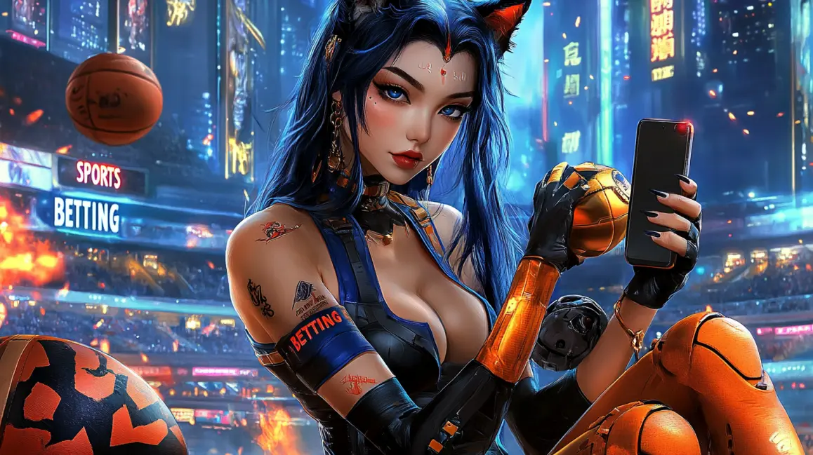 A beautiful woman with cat ears and blue hair uses her phone to bet on basketball in a futuristic, neon-lit arena, representing the exciting world of sports betting at WINXBDT.