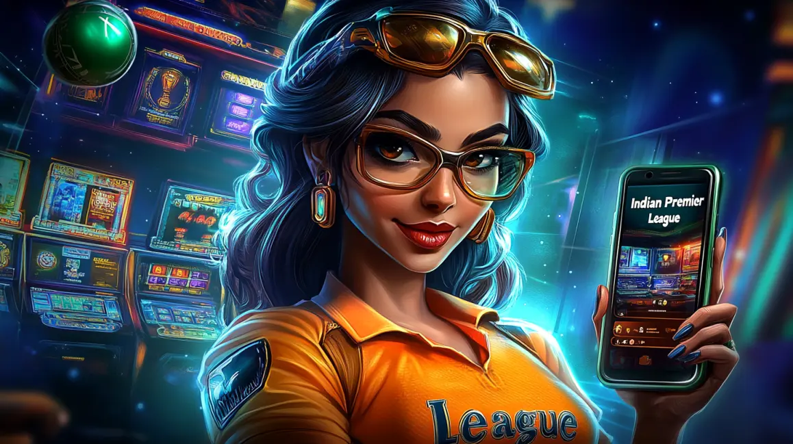 A stylish woman in a casino holds a phone showing the Indian Premier League betting options, inviting cricket fans to get in the game with the WINXBDT mobile app.