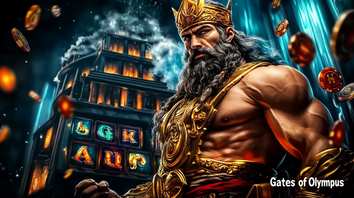 A powerful god-like king in golden armor stands before a massive slot machine tower in the 'Gates of Olympus' game, offering divine wins and epic jackpots at WINXBDT.