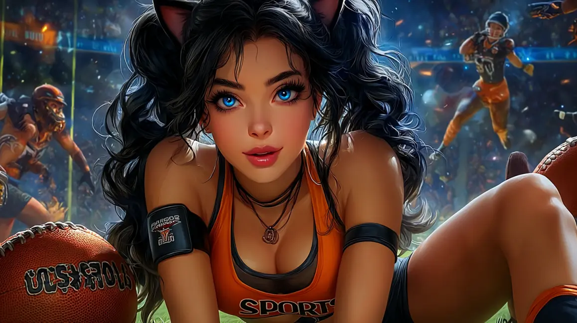 An animated female football player with cat ears and bright blue eyes is on the field, ready for action, representing the exciting world of American football betting at WINXBDT.