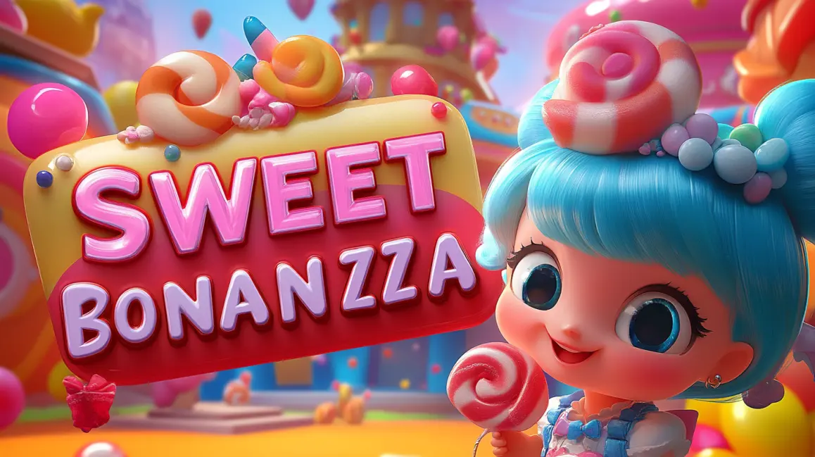A cute anime girl with blue hair holds a lollipop next to the 'Sweet Bonanza' logo in a candy wonderland, one of the most popular and delicious slot games at WINXBDT.