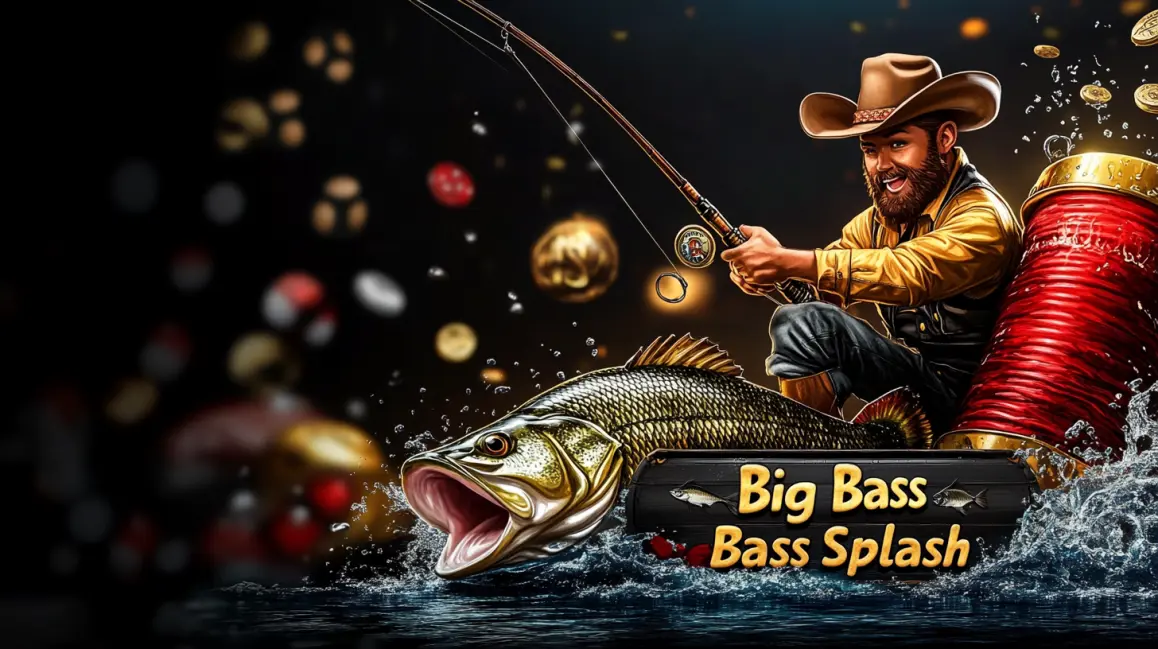 A cowboy fisherman reels in a huge fish in the 'Big Bass Bass Splash' slot game, a thrilling fishing adventure with big rewards waiting for players at WINXBDT casino.