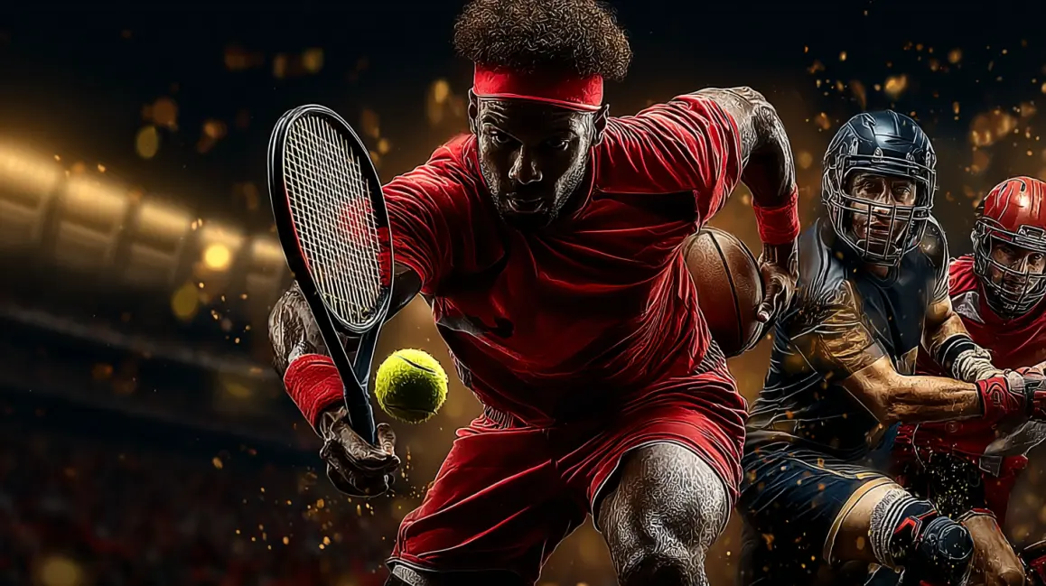 A collage of powerful athletes from tennis and football showcases the dynamic, high-energy sports and diverse betting markets you can find on the WINXBDT platform.