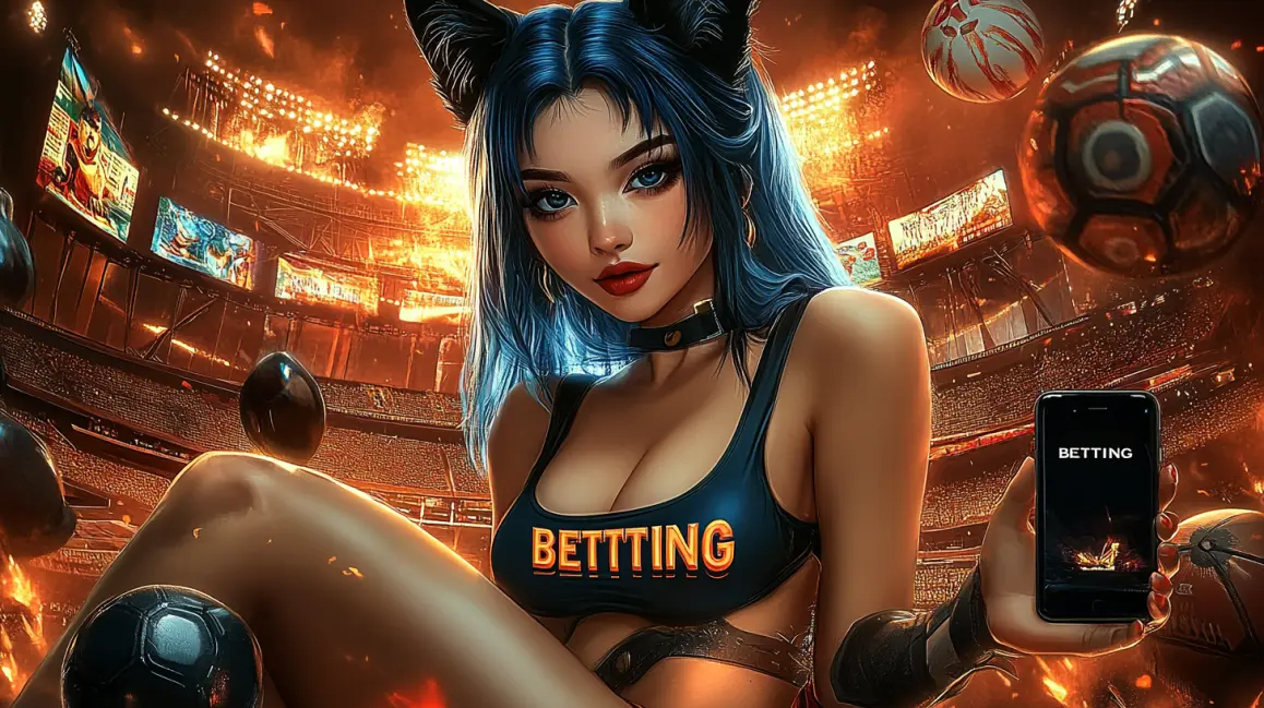 A woman with blue hair and cat ears uses her phone to bet on sports in a fiery stadium, combining a passion for gaming with the thrill of live sports betting at WINXBDT.