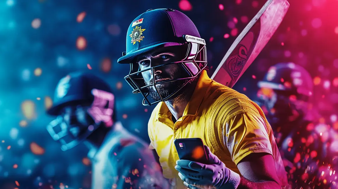 A professional cricket player in a neon-lit stadium uses his phone to place a bet, highlighting the modern and exciting way to engage with the sport on the WINXBDT app.