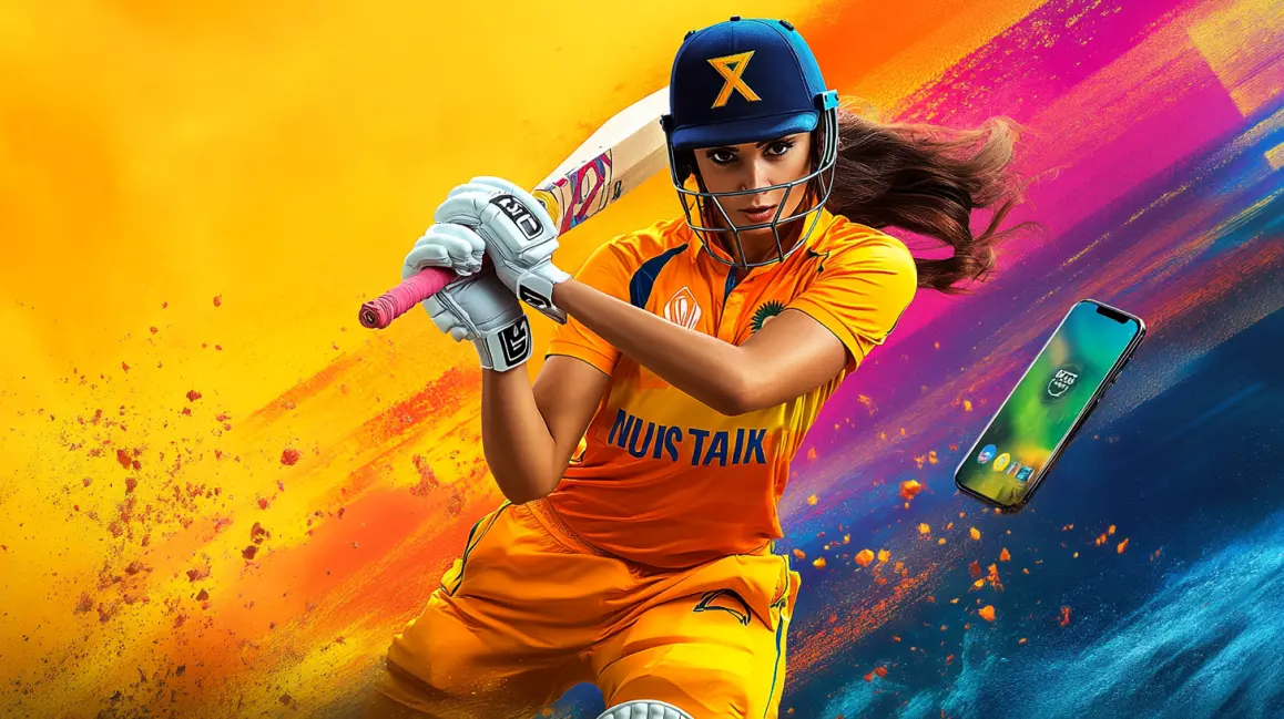 A female cricketer takes a powerful swing in a stadium with a colorful, explosive background, showcasing the dynamic action and big betting opportunities at WINXBDT.