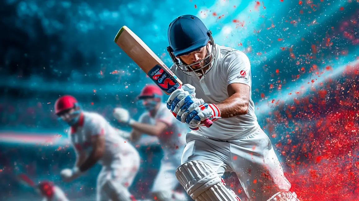A cricket batsman in a white uniform takes a swing, with an explosive backdrop of red and blue, symbolizing the high-impact action you can bet on with WINXBDT.