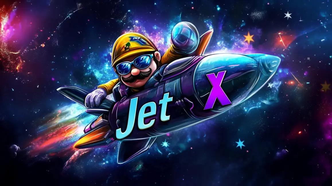 A cartoon pilot with a jetpack flies through a vibrant galaxy in the 'JetX' game, a thrilling crash game with cosmic multipliers and explosive wins available at WINXBDT.