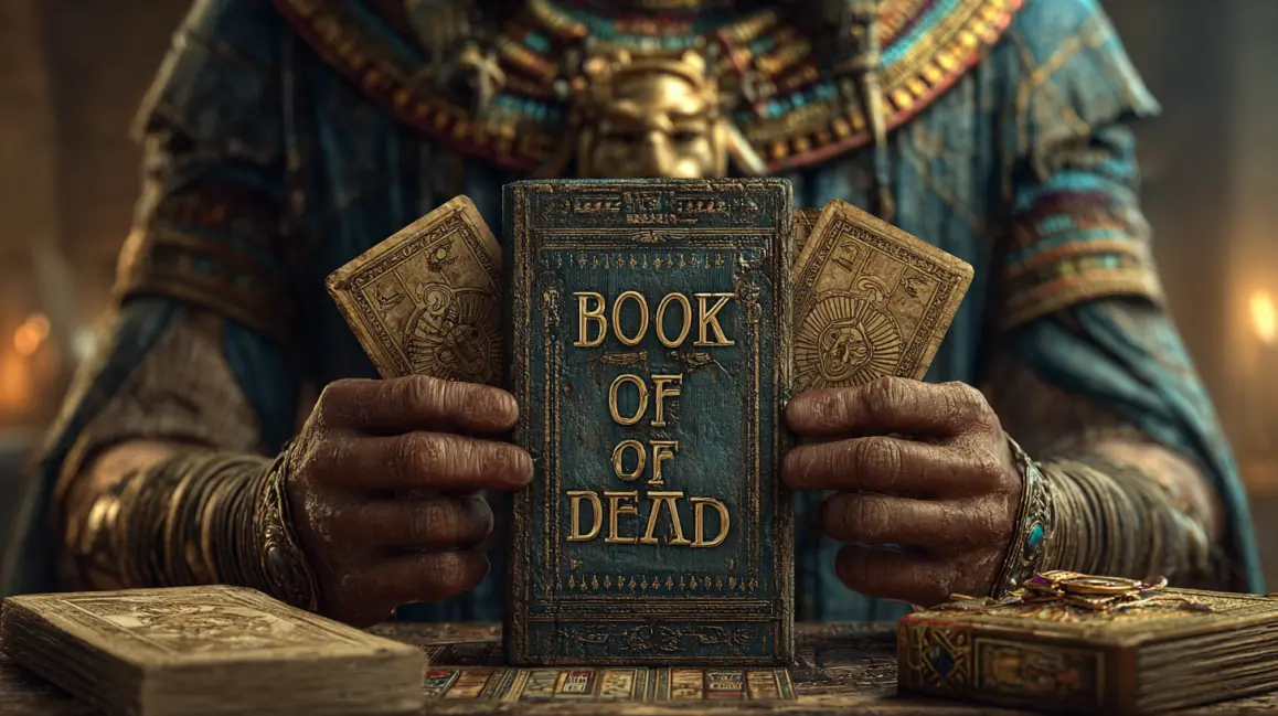 An ancient Egyptian pharaoh holds the mysterious 'Book of Dead', inviting players to uncover hidden treasures and free spins in this popular slot game at WINXBDT.