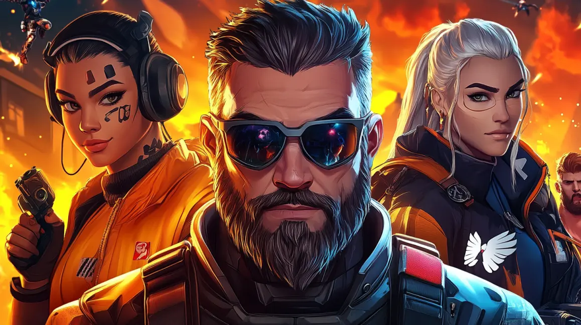 A team of cool, stylized characters from an action game, with a bearded man in sunglasses at the center, ready for a mission, showcasing the e-sports betting on WINXBDT.