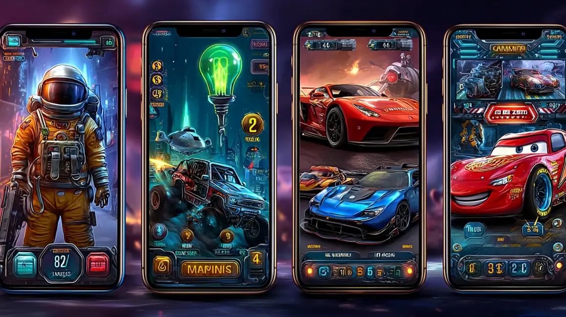 Four mobile screens display a variety of game themes, from sci-fi astronauts to racing cars, showing the endless entertainment options in the WINXBDT mobile app library.