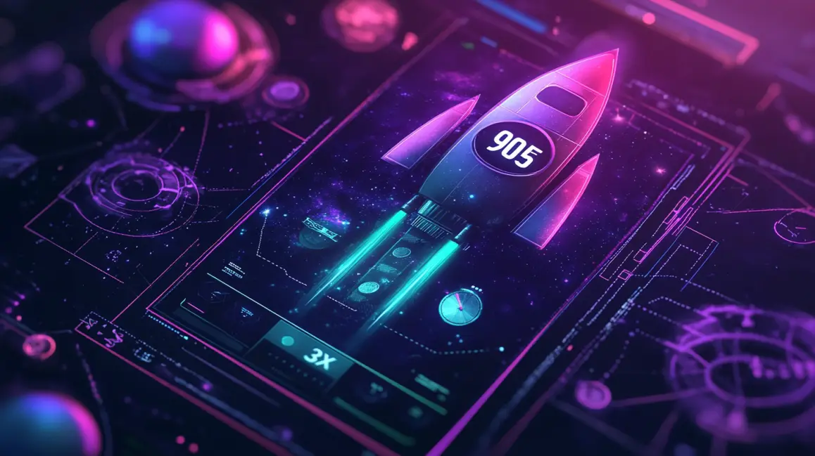 A rocket launches into space on a futuristic screen, with a multiplier visible, representing the high-flying multipliers and big win potential in crash games at WINXBDT.