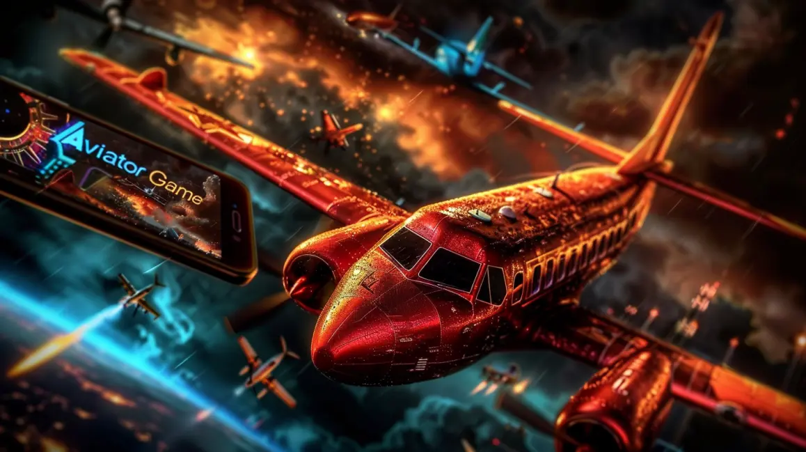 A stunning red plane from the 'Aviator Game' soars through a fiery sky, with a mobile phone showing the game interface, capturing the explosive action you can enjoy at WINXBDT.