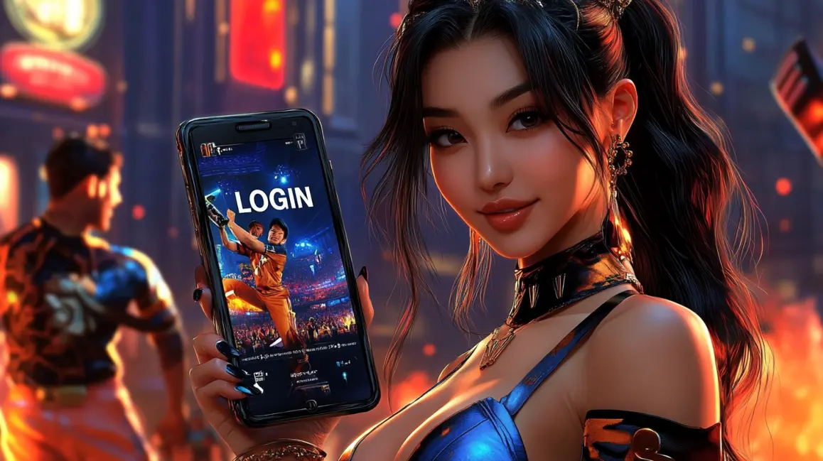 A beautiful woman in a futuristic setting holds a phone with the WINXBDT login screen, featuring a baseball player, inviting you to step up to the plate and bet on sports.