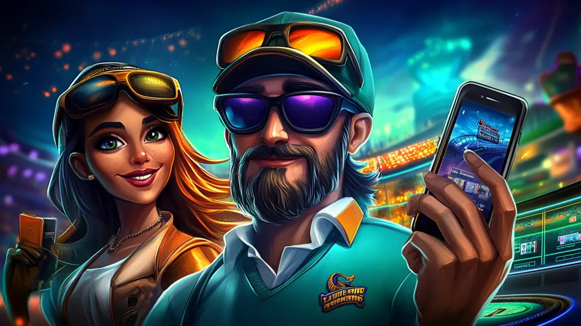 A stylish animated couple uses their phones to bet on sports and play casino games, highlighting the fun and social experience of using the WINXBDT mobile platform.