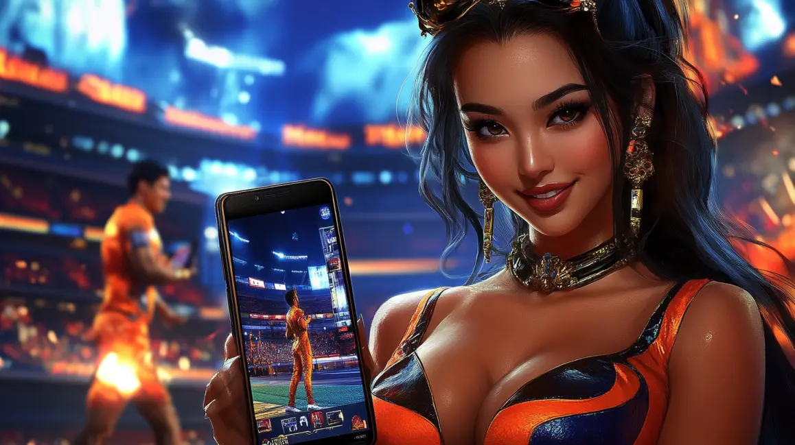 In a packed stadium, a woman holds a phone showing a live football match, demonstrating how the WINXBDT app brings you closer to the action for in-play betting.